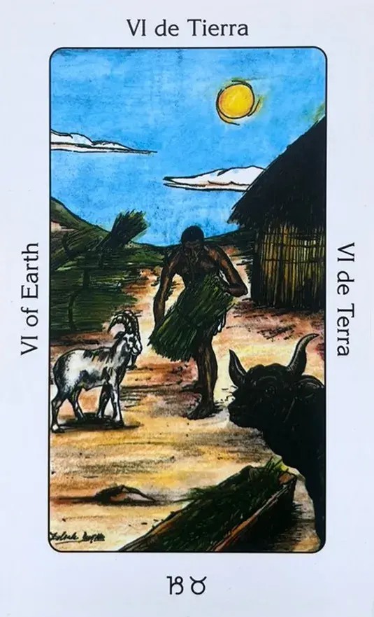 um homem negro com um sol ardente na sua cabe�a e com animais em voltar em um campo �rido.