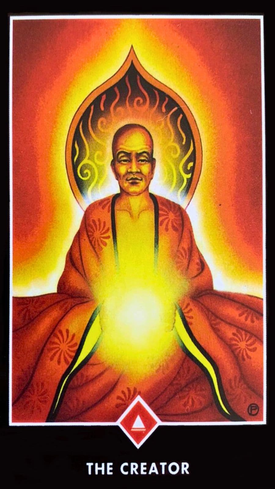 Carta do arcano menor do tarot zen osho com a figura de um mestre sentado com uma luz saindo da sua mao e a cor da carta � vermelha e amarela predominantemente