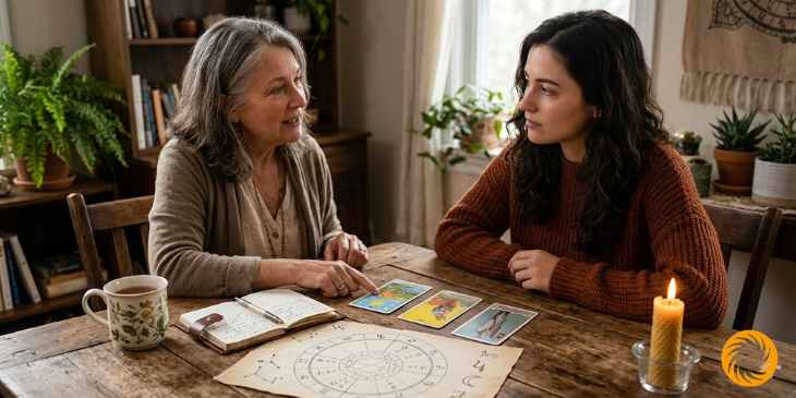duas mulheres se olhando em uma mesa com cartas de tarot e um mapa astral, uma vela amarela e uma xicara de cha.