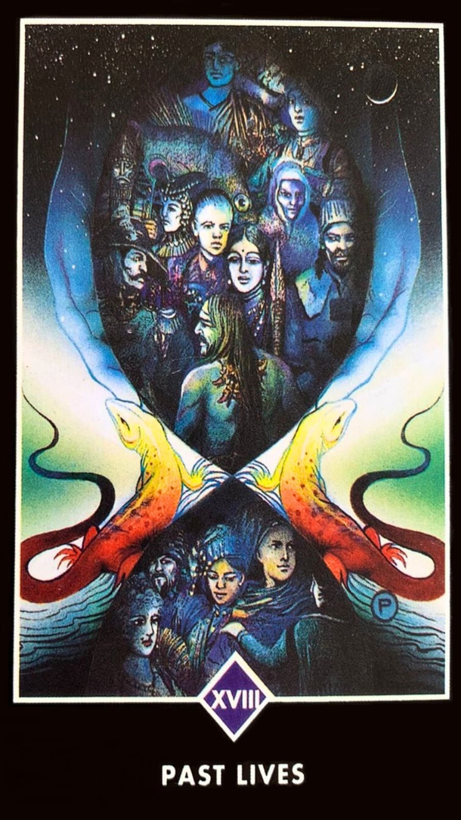 imagem central da carta revela uma representa��o poderosa: as m�os da exist�ncia assumem a forma dos �rg�os genitais femininos, simbolizando a abertura da m�e c�smica. muitas imagens e rostos de outros tempos s�o revelados.