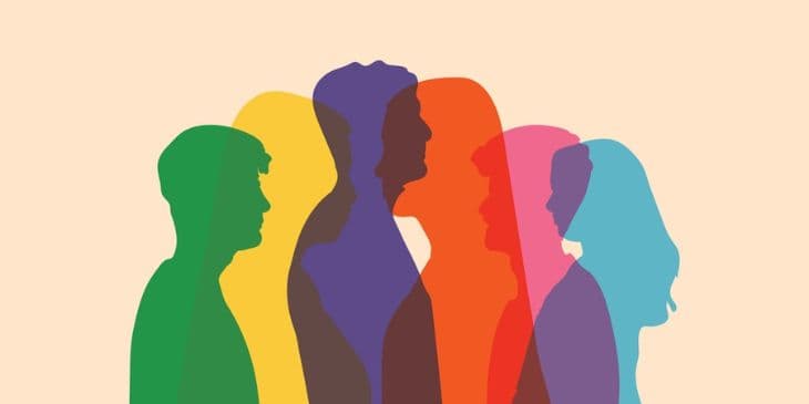 seis sombras de pessoas cada uma em uma cor diferente, verde, amarelo, roxo, laranja, rosa e azul