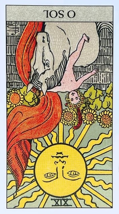 um menino nu em cima de um cavalo branco com varios giras sois em volta e um sol bem grande e amarelo no c�u