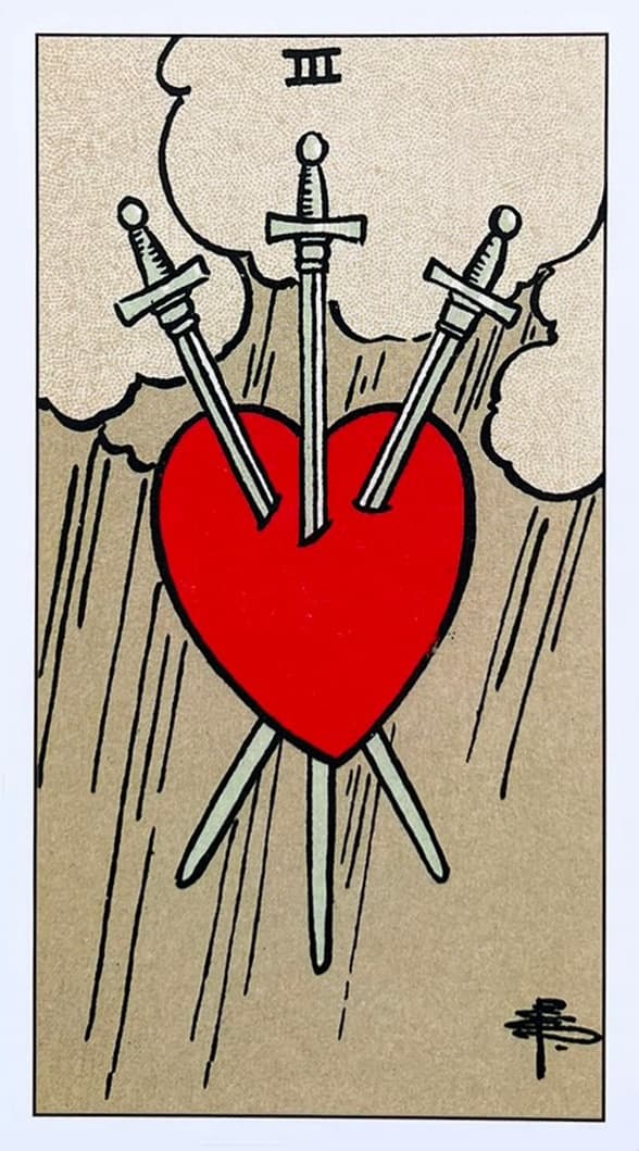 A imagem na carta mostra um cora��o perfurado por tr�s espadas, flutuando sob um c�u pesado e nublado, com chuva caindo ao fundo.
