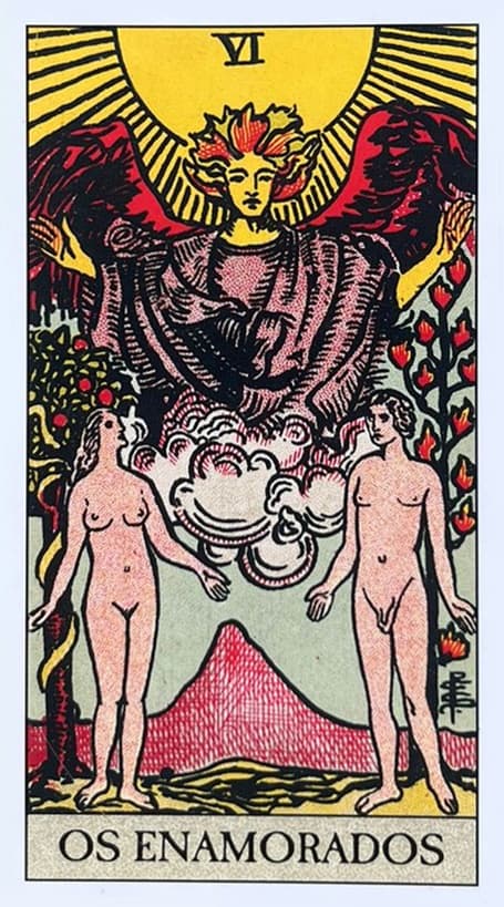 um homem e uma mulher nus, com uma montanha no meio deles, uma arvore atras de cada um deles e um arcanjo em cima de bra�os abertos