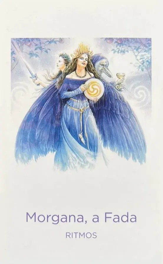 deusa morgana com seu vestido azul e suas asas azul usando uma coroa linda de ouro.