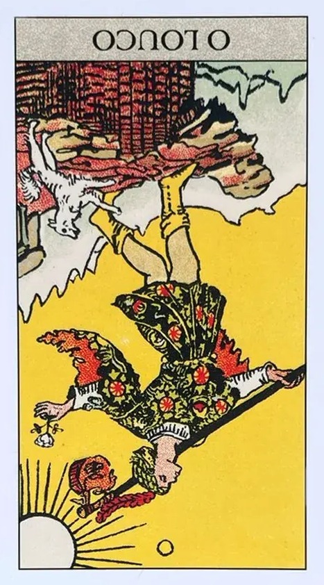 carta o louco do tarot que mostra um homem na beira de um penhasco com um cachorro branco ao seu lado