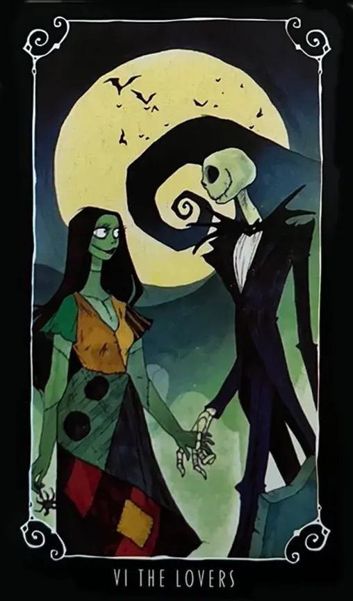 o personagem Jack e Sally juntos de m�os dadas com uma lua cheia ao fundo
