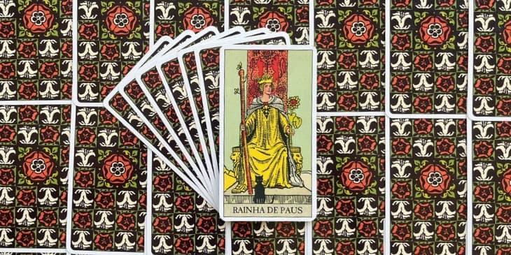 Rainha de Paus � retratada sentada em um trono decorado com le�es gravados, s�mbolos de for�a e coragem. Ela segura em uma m�o um cetro que termina em uma esfera o cetro, um tradicional s�mbolo de autoridade e vontade, enquanto a esfera simboliza a totalidade e a perspectiva espiritual. Em sua outra m�o, descansa um girassol, que � um s�mbolo de lealdade, vitalidade, e a busca constante pela luz, refletindo a natureza otimista e alegre da Rainha.