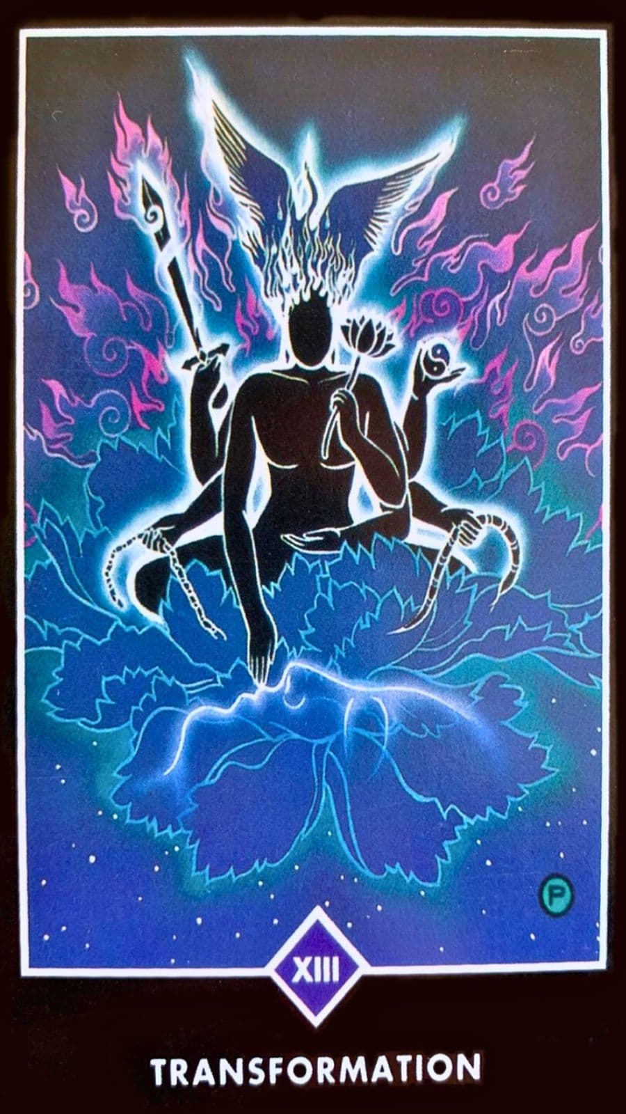 A imagem harmoniosa retrata um ser em posi��o de l�tus, transmitindo serenidade e conex�o com o divino, Nas m�os desse ser, s�o encontrados os instrumentos para a transforma��o. A espada, a serpente e a corrente e no fundo tem uma grande fenix