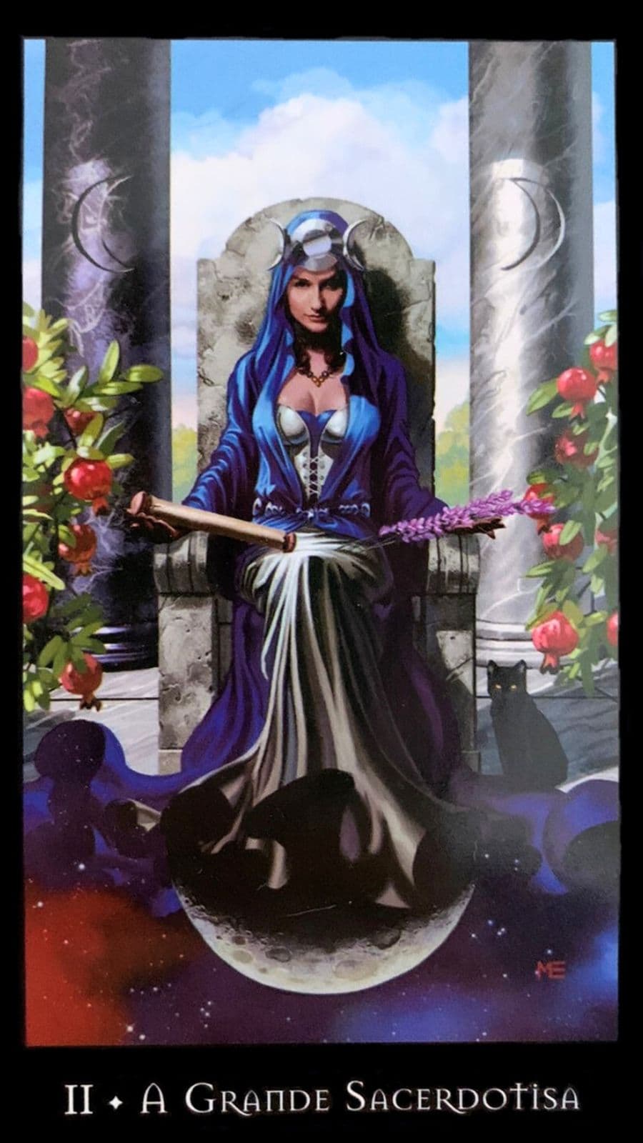 Ela � a guardi� dos mist�rios e a mediadora entre o mundo vis�vel e o invis�vel. A cor azul de seu manto simboliza a serenidade, a espiritualidade e a liga��o com o divino. O diadema com a lua crescente simboliza a conex�o com os ciclos naturais, a intui��o e os aspectos femininos da lua. A Grande Sacerdotisa � associada � energia lunar e ao poder feminino, representando a for�a da intui��o, da criatividade e da fertilidade. Em seus p�s, vemos um v�u, representando os segredos e mist�rios ocultos que ela guarda. Ela est� sentada entre duas colunas, uma preta e uma branca, simbolizando os opostos e a dualidade. Essas colunas representam tamb�m o equil�brio entre as energias masculina e feminina, a mente racional e a intui��o. A Grande Sacerdotisa est� em uma posi��o de autoridade espiritual e det�m um grande conhecimento. Ela � a guardi� dos segredos e a conselheira s�bia que oferece orienta��o e sabedoria. Ela nos lembra da import�ncia de ouvirmos nossa intui��o e confiarmos em nossos sentimentos mais profundos. Essa carta tamb�m pode indicar a presen�a de um mentor espiritual em nossa vida, algu�m que possui um profundo conhecimento e que pode nos guiar em nossa jornada pessoal. A presen�a do gato preto aos p�s da Grande Sacerdotisa adiciona ainda mais significado simb�lico � carta. O gato preto � um s�mbolo ancestral associado � magia, mist�rio e intui��o. Ele � considerado um guardi�o dos segredos e um companheiro dos praticantes de magia. Sua presen�a simboliza a necessidade de estarmos conscientes e receptivos �s mensagens sutis que chegam at� n�s.