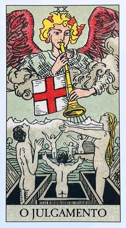 o arcanjo gabriel tocando um trompete com varios seres humanos pelados de idades diferentes e de v�rios g�neros saindo de uma caixa. essas pessoas est�o de bra�os abertos em dire��o ao ceu.