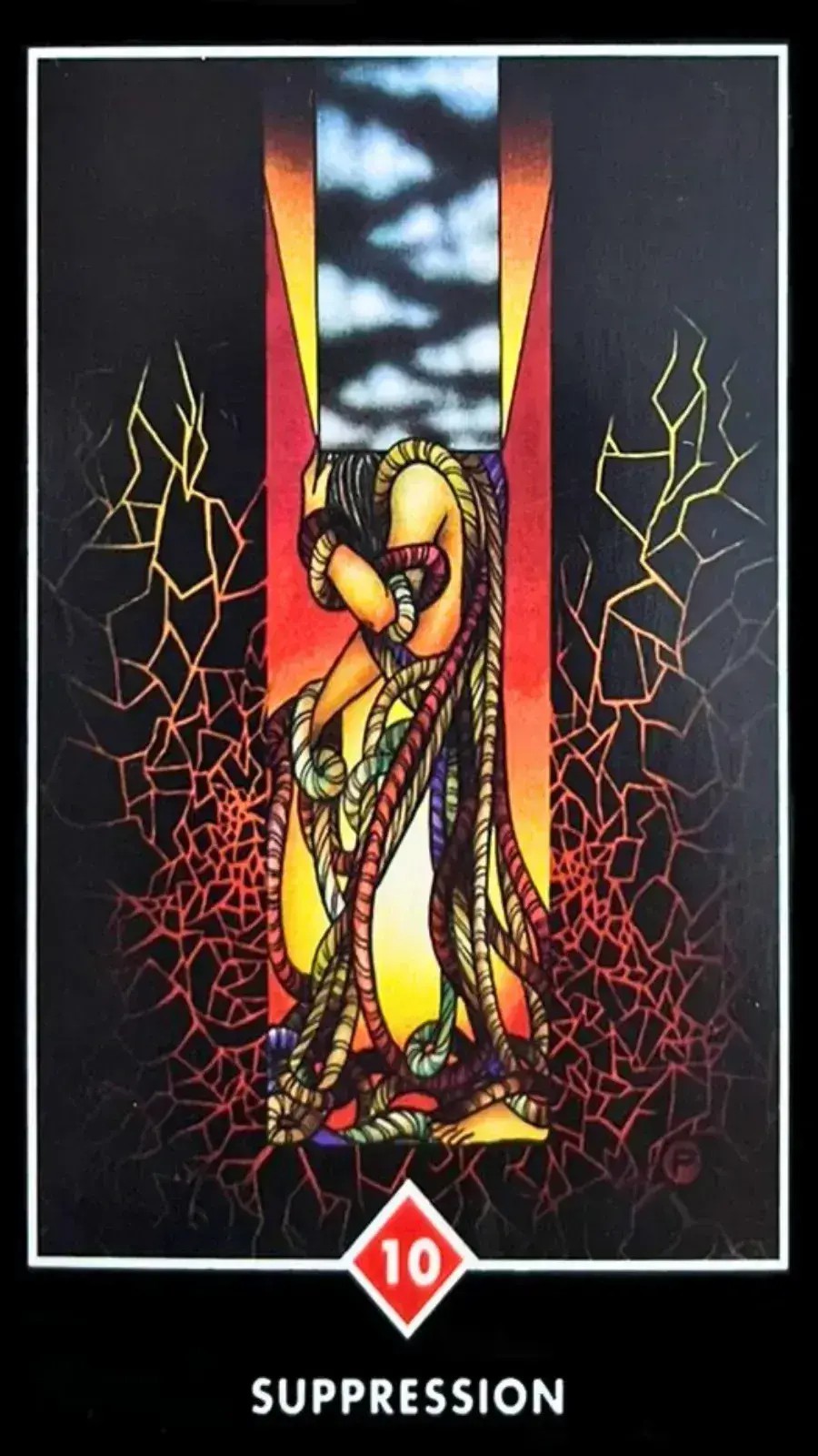 A figura central da carta mostra uma pessoa emaranhada em n�s, representando o emaranhamento de sua pr�pria vitalidade e energia. Essa pessoa reprimiu sua luz interior, renunciando a seu poder pessoal e vis�o aut�ntica para se adequar �s muitas exig�ncias externas. O peso das responsabilidades e a press�o para atender �s expectativas dos outros criaram uma sensa��o de aprisionamento e sufocamento, simbolizada pelas rachaduras de uma erup��o vulc�nica prestes a acontecer em torno da figura.