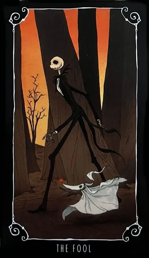 o personagem Jack skellington andando ao lado do seu companheiro zero que � a representa��o de um cachorro branco no meio de um bosque sombrio.