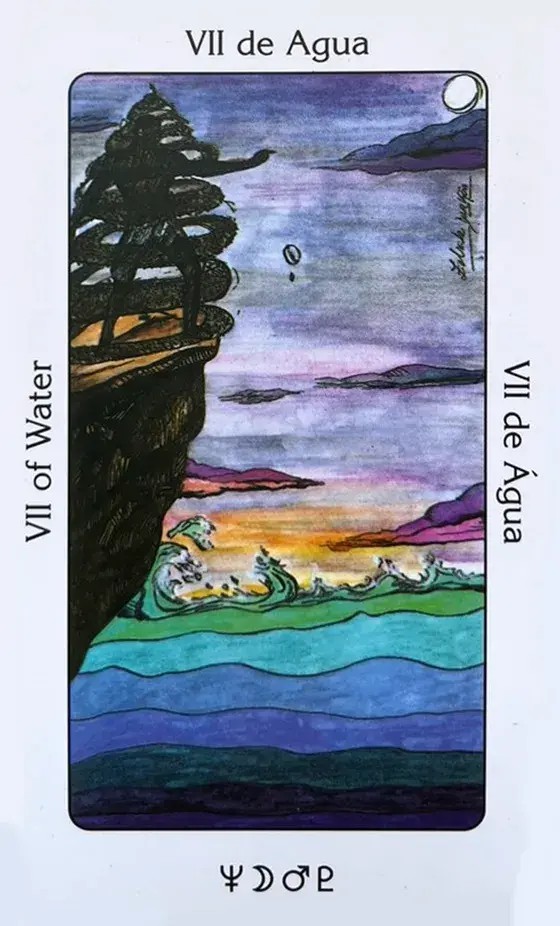 uma carta do tarot dos orixas em cima de uma mesa com varias outras cartas rosas espalhadas pela mesa