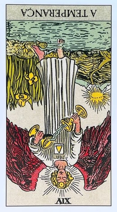 um anjo com asas, posicionado entre a terra e a �gua, vertendo l�quido de um c�lice para outro, ele � loiro e usa um manto branco. essa carta esta de ponta cabe�a.