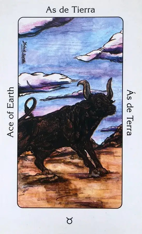 a Carta Orix� �s de Terra com a imagem de um touro com um c�u azul e nuvens e um ch�o de terra.