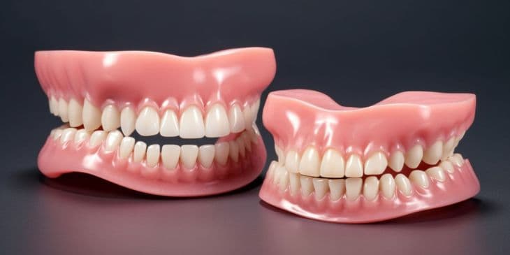 Duas dentaduras com todos os dentes em cima da mesa