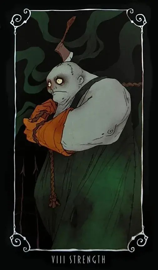 o personagem Behemonth com um machado preso na cabe�a e puxando uma corda com uma luva laranja
