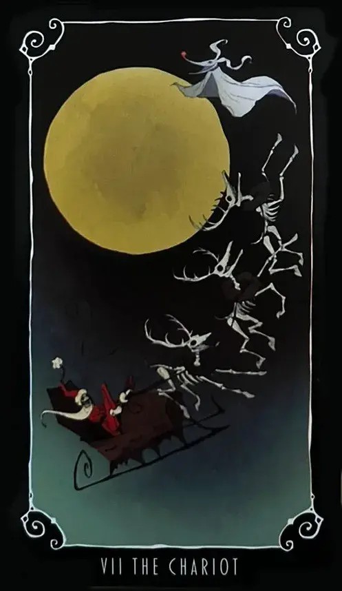 Jack com a roupa de papai noel voando em um treno puxado por renas fantasmas