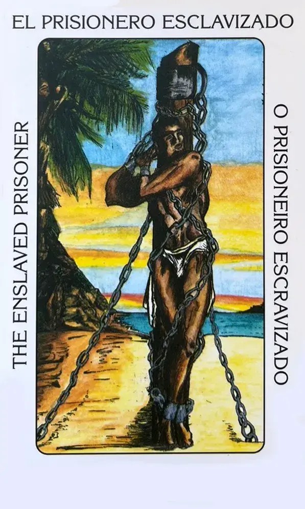 um escravo amarrado, com p�s e m�os atados a um tronco de madeira, cercado por correntes que simbolizam a opress�o e a perda de liberdade.