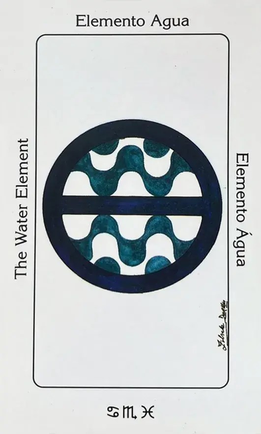carta elemento agua do tarot sagrado dos orixas em cima de uma mesa cheia de outras cartas.