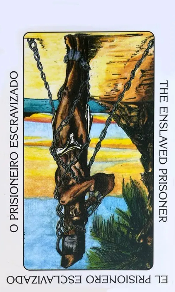 um escravo amarrado, com p�s e m�os atados a um tronco de madeira, cercado por correntes que simbolizam a opress�o e a perda de liberdade.