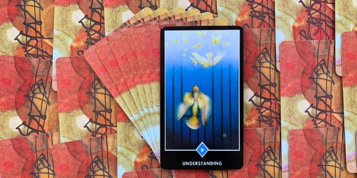 carta do taro zen osho virada mostrando a imagem de um passaro saindo de uma grade que parece uma gaiola, esse p�ssaro � amarelo e esta voando em um c�u azul.