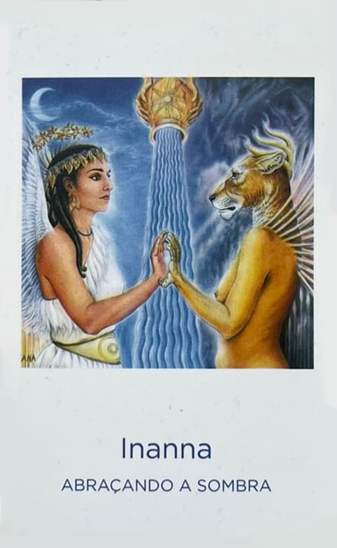 a deusa inanna de maos dadas com a figura de um leao no corpo de uma mulher.