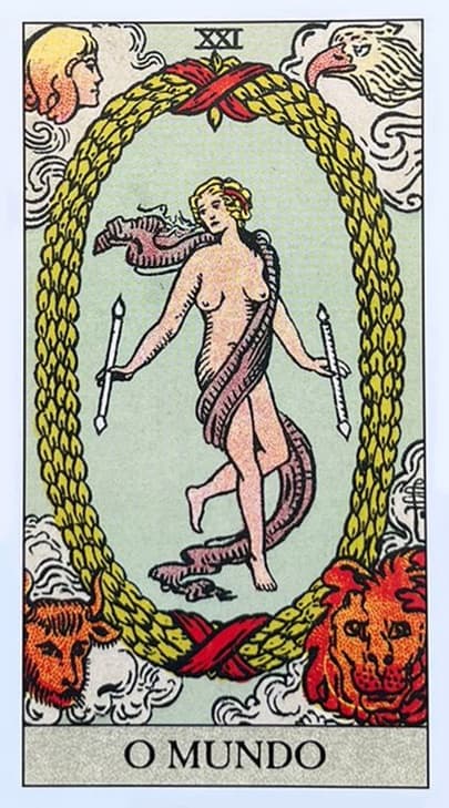 No centro da carta, vemos uma figura dan�ante, que � frequentemente interpretada como uma mulher, embora tamb�m possa ser vista como andr�gina, Esta figura est� envolta por uma faixa ou len�o verde, Ela segura duas varinhas, uma em cada m�o. Nos quatro cantos da carta, est�o representados os quatro evangelistas do Novo Testamento.