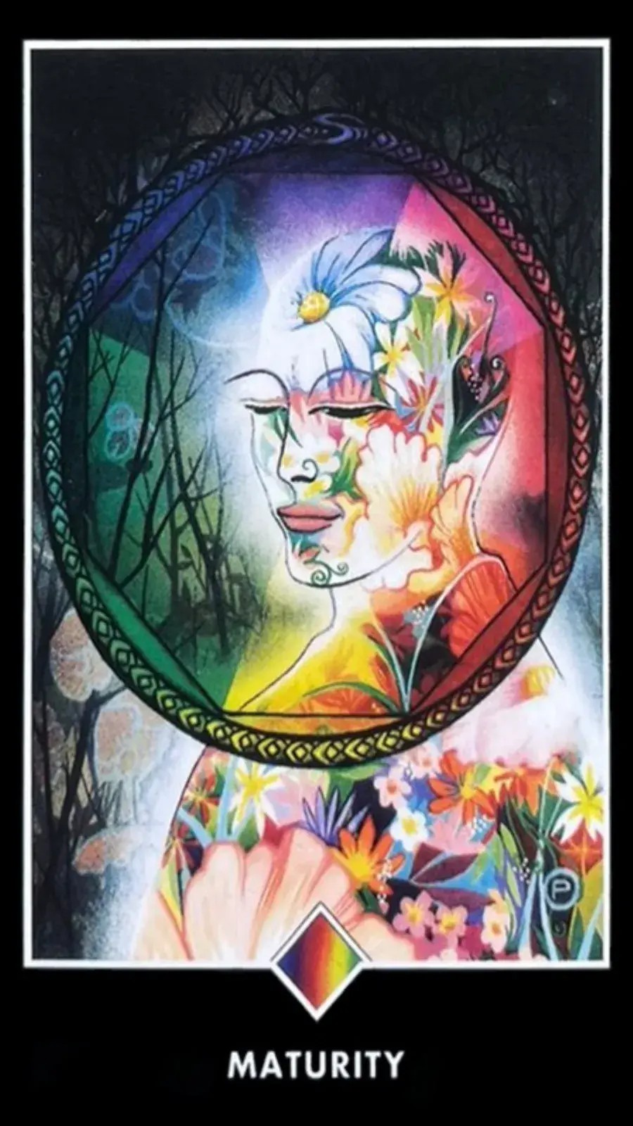 figura de uma mulher feita de flores lindas formando um rosto de olho fechado.