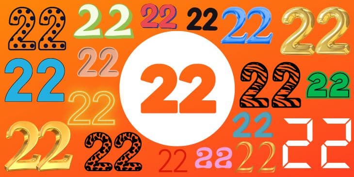 Varios numeros 22 de varios formatos, tamanhos e cores diferentes em um fundo laranja