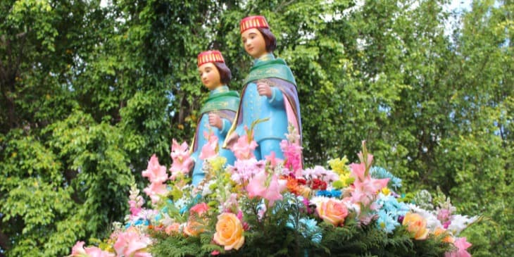 Duas imagens de S�o cosme e dami�o em cima de varias flores lindas.