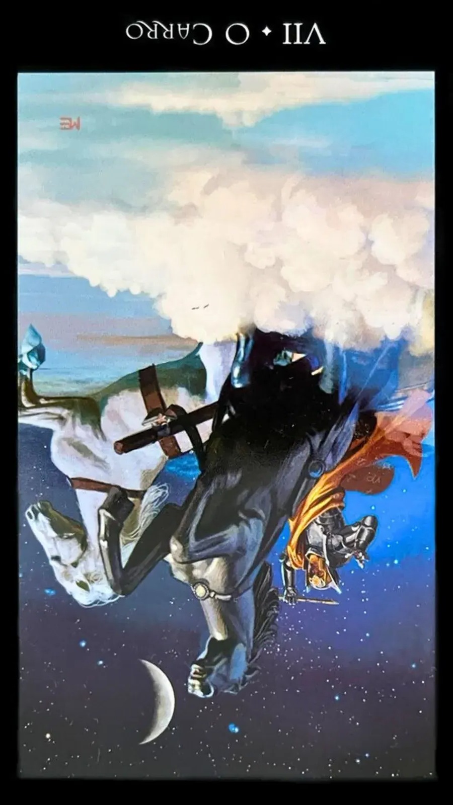 carta do taro das bruxas onde mostrar um cavalo branco e um soldado de guerra, esse cavalo esta voando nas nuvens com a lua ao fundo.