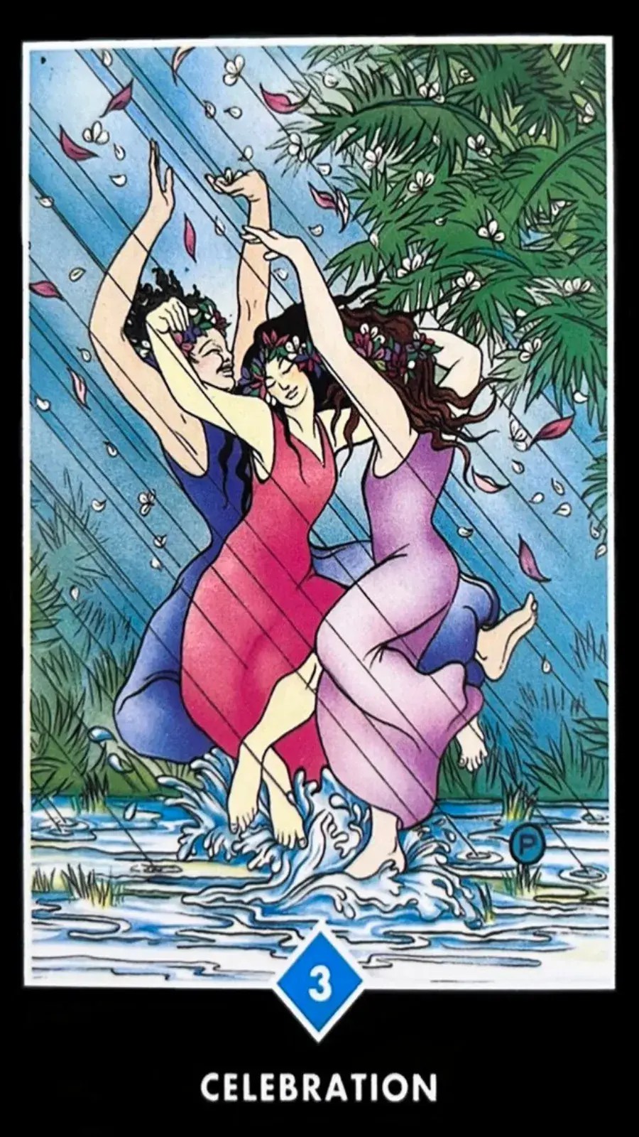 carta do tarot zen osho onde mostra 3 mulheres dan�ando na chuva, cada uma com um vestido de cor diferente e felizes dan�ando na chuva.