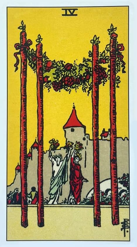 carta mostra quatro paus firmemente plantados no solo, formando uma esp�cie de arco triunfal, que � decorado com flores e frutas.