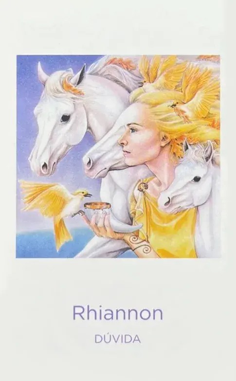 a carta da deusa Rhiannon uma linda mulher loira com 3 cavalos brancos em volta e um passaro tomando agua na sua m�o