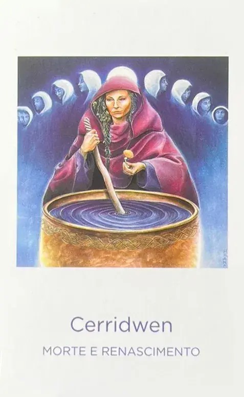 carta do oraculo da deusa carridwen � uma mulher com um caldeirao na sua frente e varias luas atr�s.
