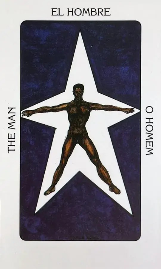 um homem negro nu dentro de uma estrela branca de 5 pontas.