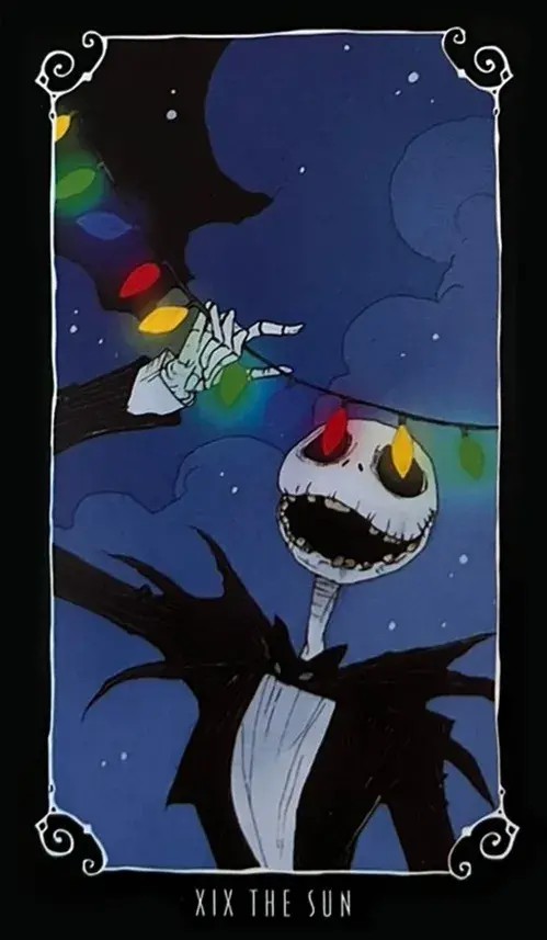 Personagem Jack com as luzes de natal na frente dos olhos dele.