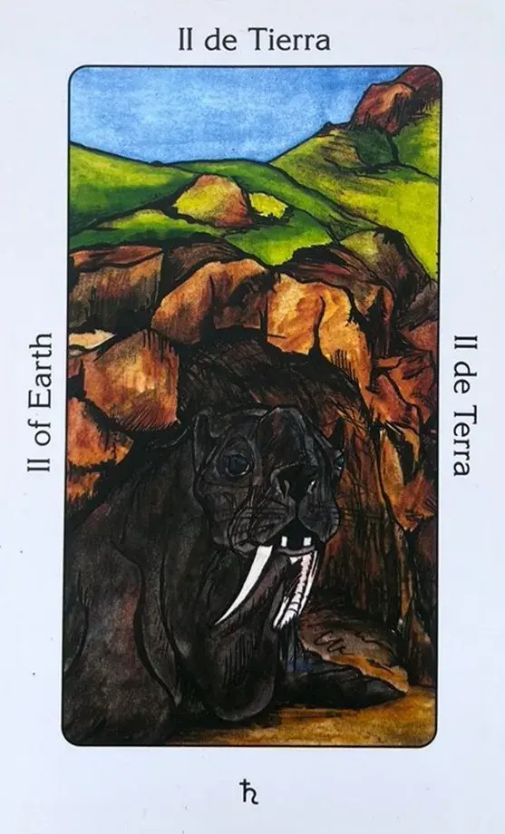 A Carta orixa dois de terra mostra um leao marinho com seus dentes grandes na beira de uma praia com grama verde ao fundo e um ceu azul.