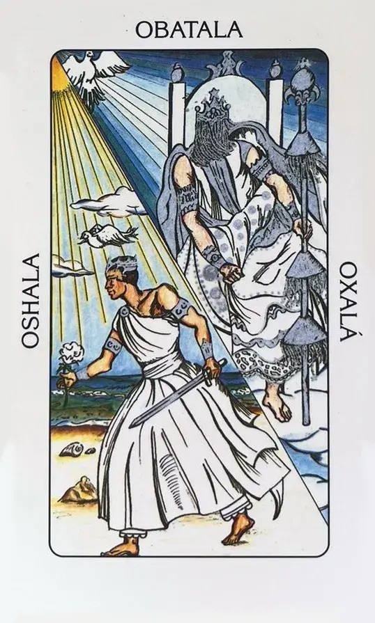 na parte de baixo da carta um jovem oxala como um guerreiro segurando uma espada em uma mao e uma rosa branca em outra com uma coroa azul e um passaro branco voando sobre sua cabe�a, na parte de cima da carta vemos oxala mais velho sentado em um trono branco com seu vestido branco e uma pomba branca no ceu.