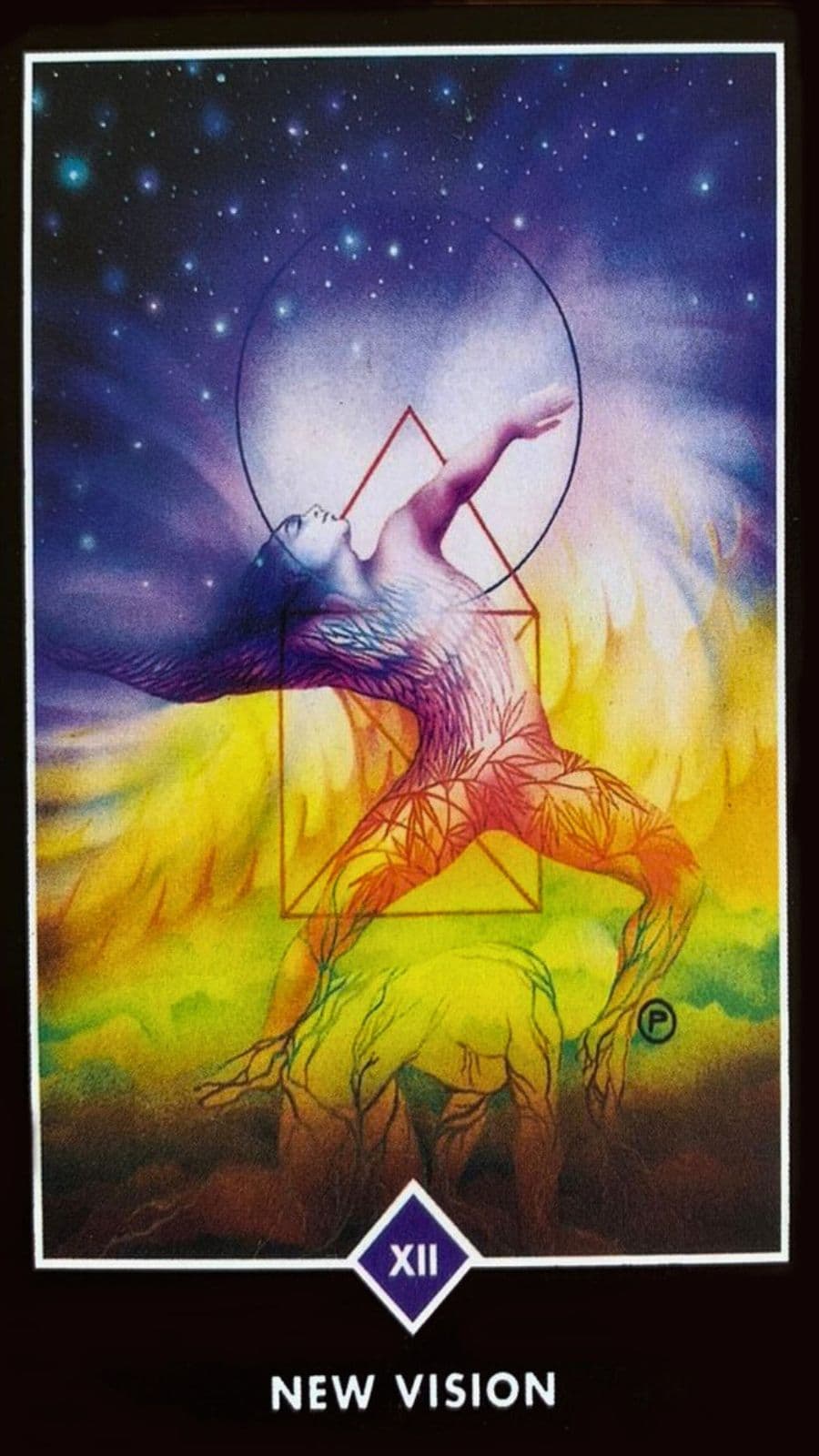 uma figura emergindo de suas ra�zes, simbolizando o renascimento e a liberdade. O corpo da figura � iluminado com cores variadas - preto, azul, amarelo, verde e dourado - sem uma predomin�ncia espec�fica, representando a diversidade e a multiplicidade de experi�ncias. Estrelas adornam o cen�rio, criando um ambiente m�gico para esse nascimento. Ao redor do corpo da figura, h� formas geom�tricas que representam as diferentes dimens�es da vida. Um quadrado simboliza a parte f�sica e o conhecido, enquanto um c�rculo representa o n�o-manifesto, o esp�rito. Um tri�ngulo representa a natureza trina do Universo: o manifesto, o n�o-manifesto e o pr�prio ser humano, que cont�m ambos.