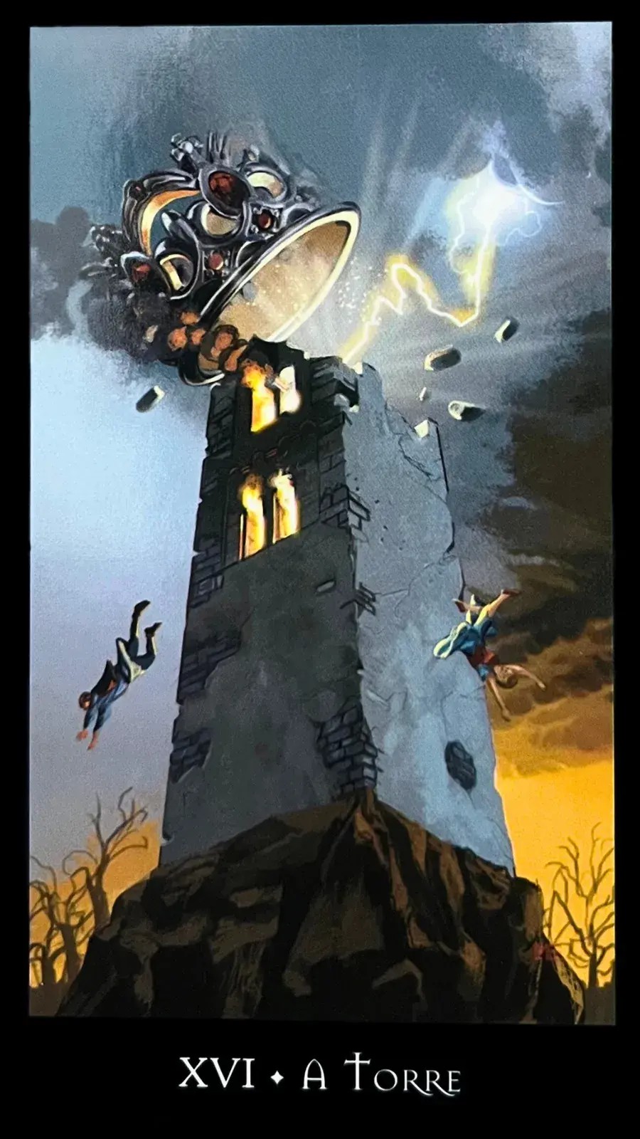 imagem retrata uma torre imponente situada em um penhasco elevado. O cen�rio sombrio e tormentoso do c�u cria uma atmosfera carregada, indicando que algo est� prestes a acontecer, O raio que serpenteia desde as enormes nuvens � o elemento central dessa cena. Ele corta o c�u em uma trajet�ria ardente e atinge a torre com uma intensidade surpreendente.