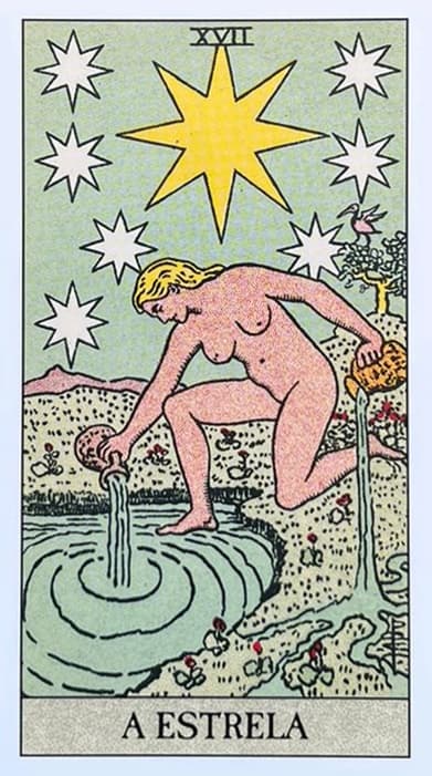 uma mulher ajoelhada �s margens de um pequeno lago ou riacho, vertendo �gua de duas jarras, uma em cada m�o, a mulher esta nua e O cen�rio noturno � iluminado por v�rias estrelas, sendo a mais brilhante de oito pontas, que se destaca no centro da composi��o.