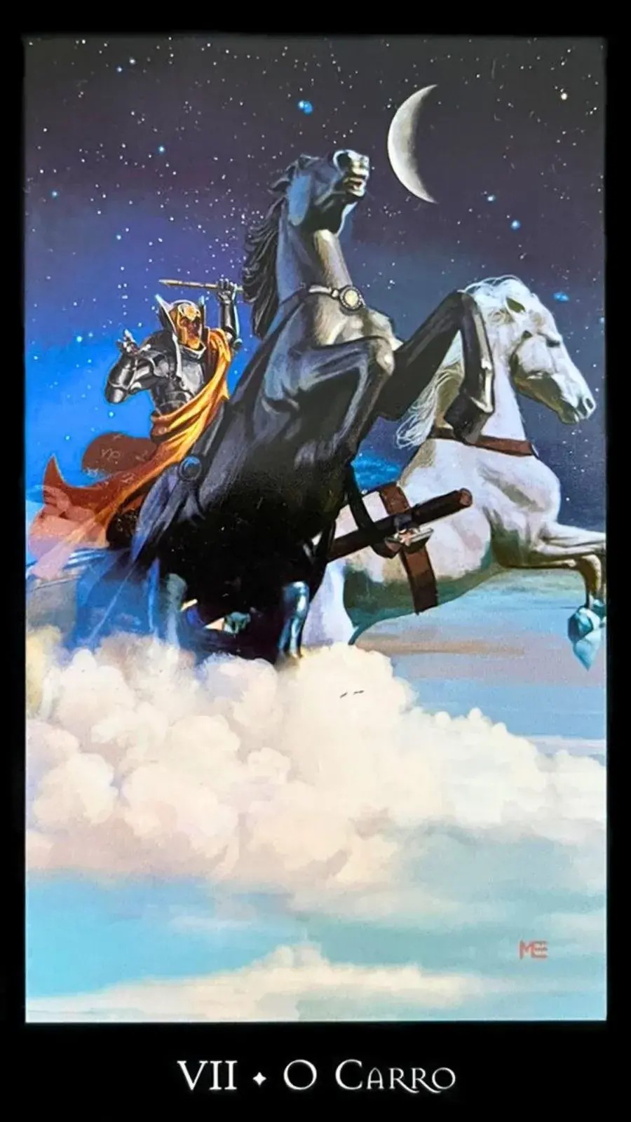 carta do taro das bruxas onde mostrar um cavalo branco e um soldado de guerra, esse cavalo esta voando nas nuvens com a lua ao fundo.
