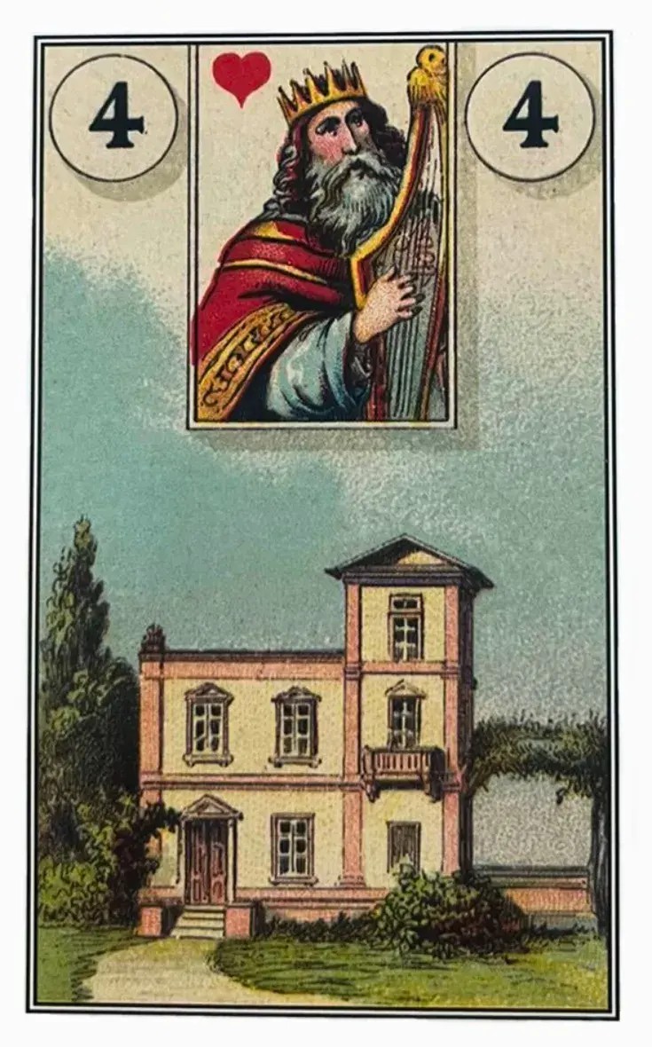 A carta do baralho cigano mostra imagem de uma casa com um jardim e arvores e um caminho que leva ate a porta dessa casa.