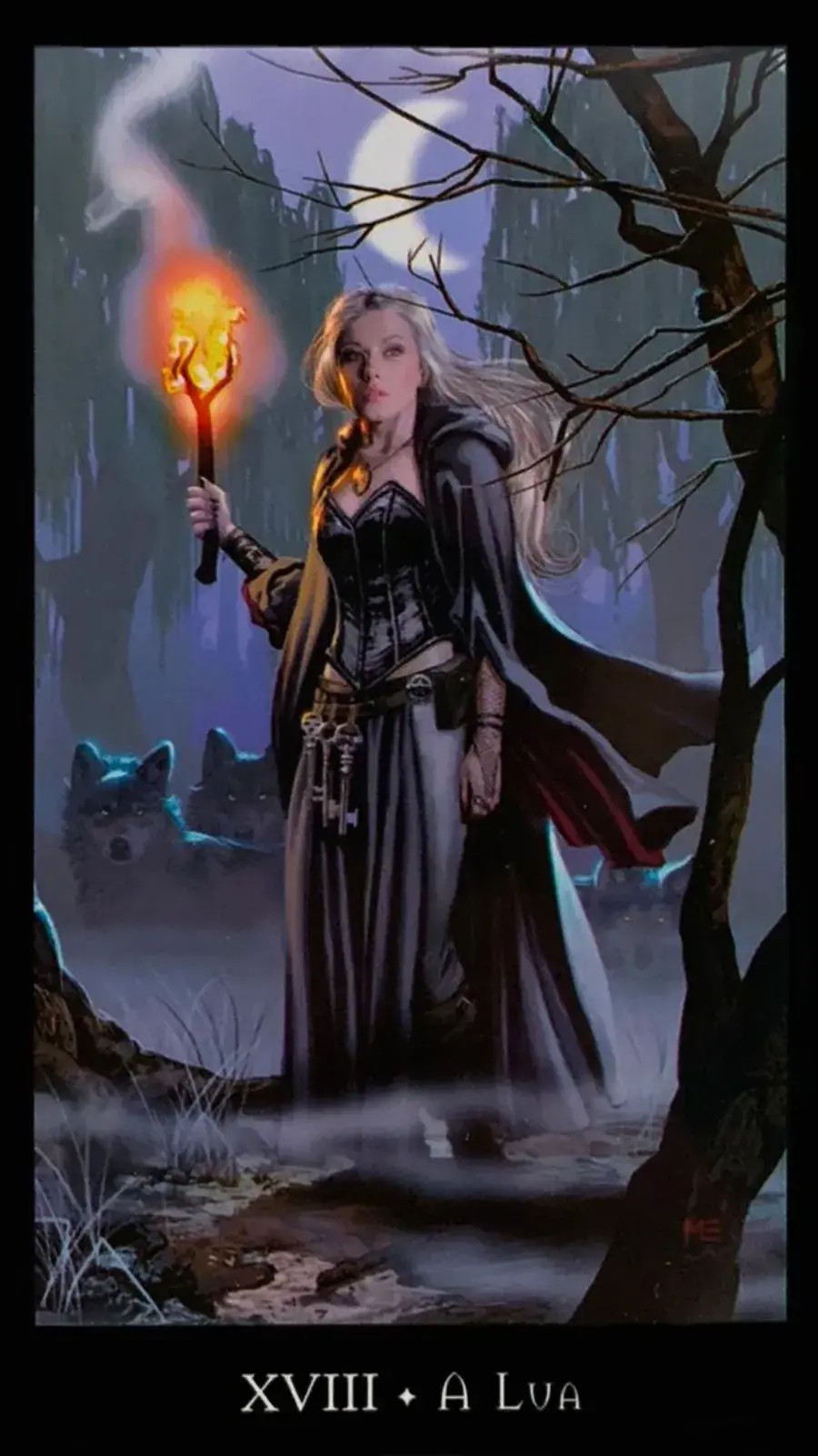 uma mulher de vestido preto segurando uma tocha de madeira em um p�ntano com uma lua no c�u e 3 lobos no ch�o