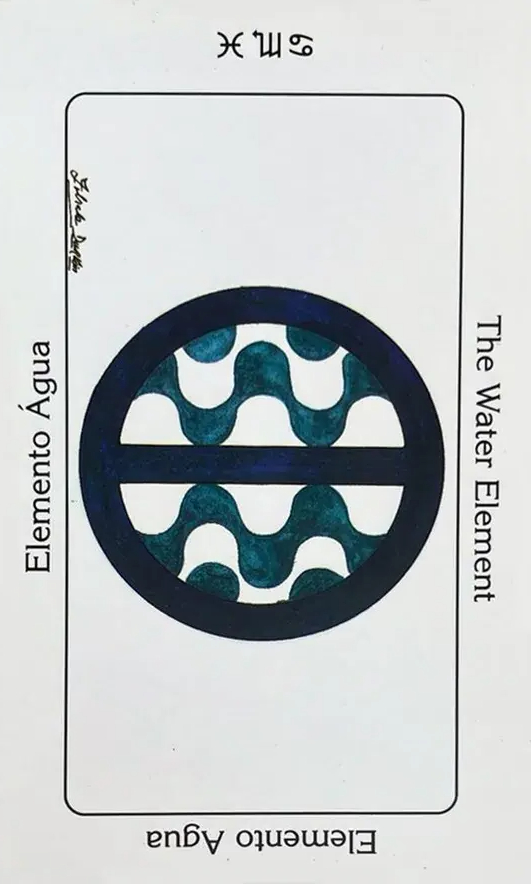 carta elemento agua do tarot sagrado dos orixas em cima de uma mesa cheia de outras cartas.