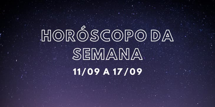 texto em branco escrito horoscopo da semana com um fundo estrelado a noite.