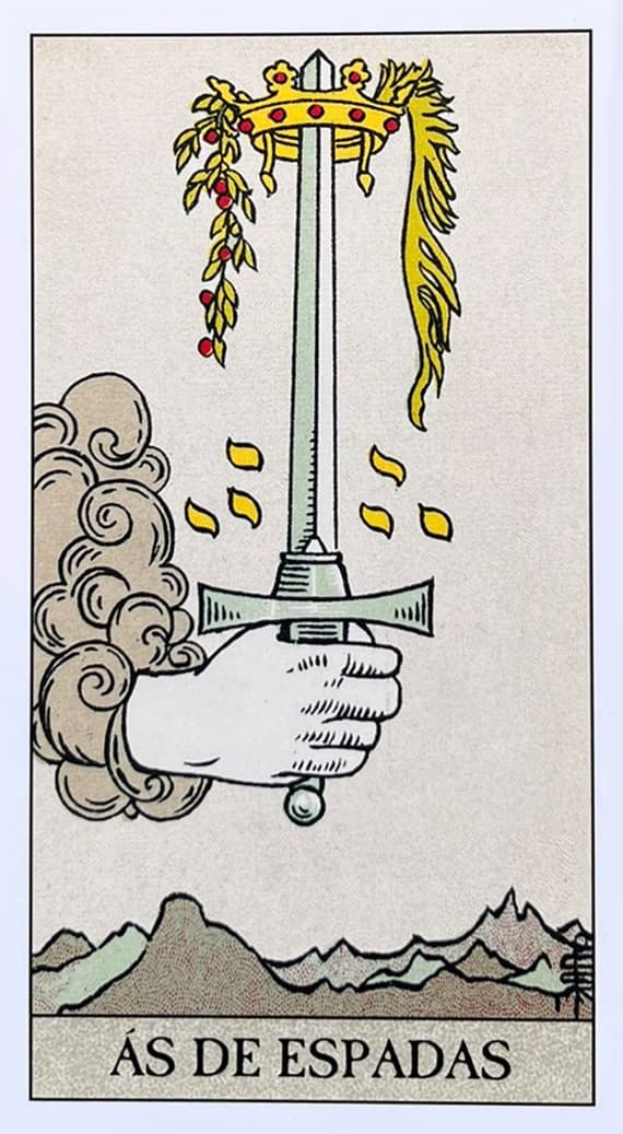 uma m�o emergindo de uma nuvem, segurando uma espada apontada para o c�u. A espada em si � uma imagem potente de clareza e corte atrav�s da confus�o. A l�mina � n�tida e duplamente afiada, sugerindo que ela pode tanto criar quanto destruir, dependendo da inten��o por tr�s de seu uso. No topo da espada, uma coroa dourada entrela�ada com uma guirlanda de louros simboliza o sucesso e o triunfo da intelig�ncia sobre a adversidade.